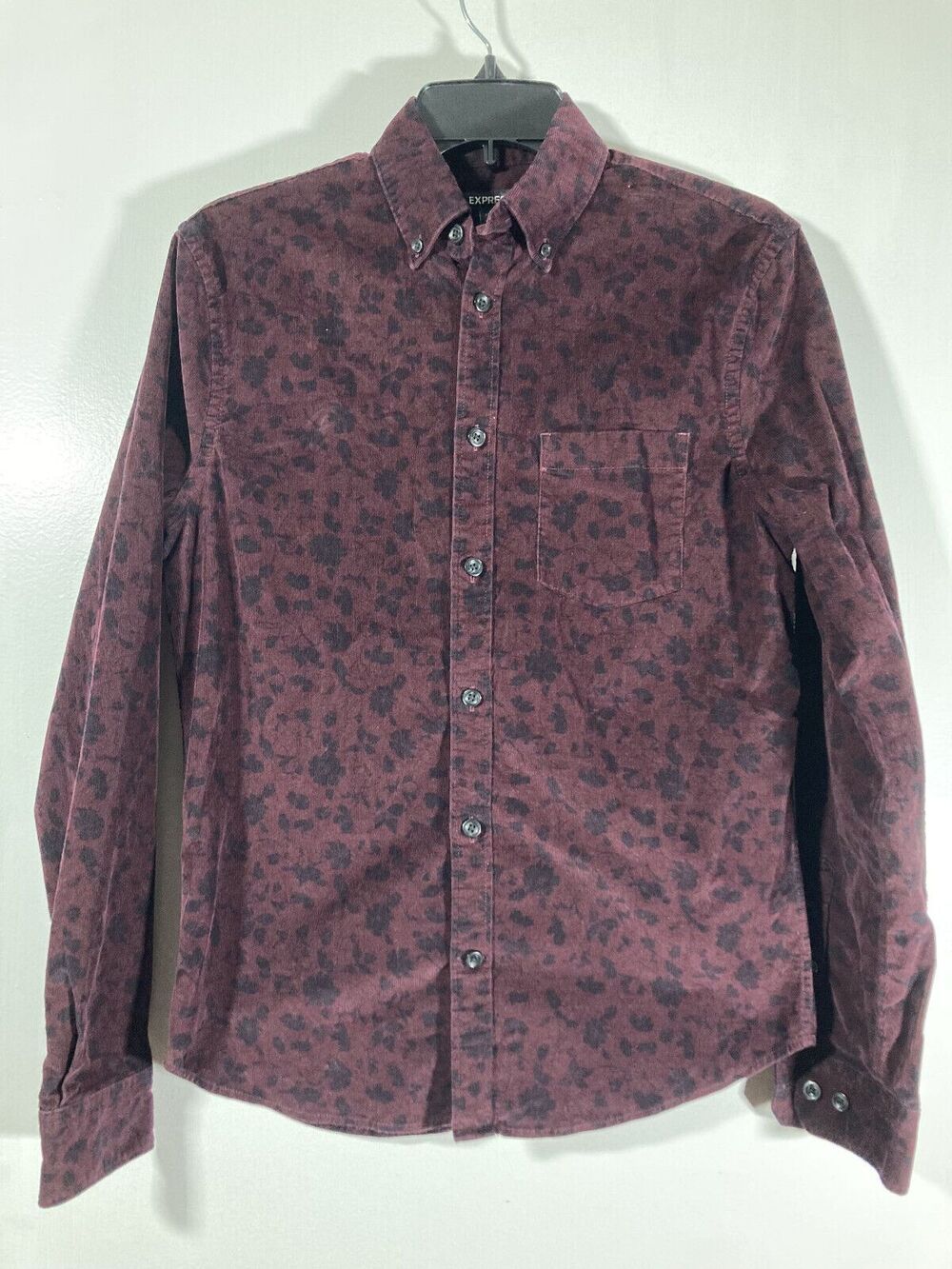 Express Men’s Soft Corduroy Button-Down Shirt (XS) • Burgundy/Floral Orig $68
